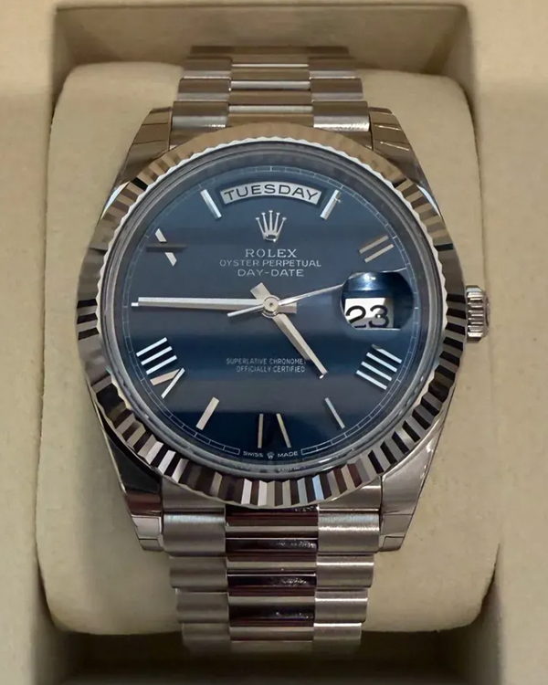2026 Rolex Day-Date 40MM Blue Dial White Gold President Bracelet (228239)