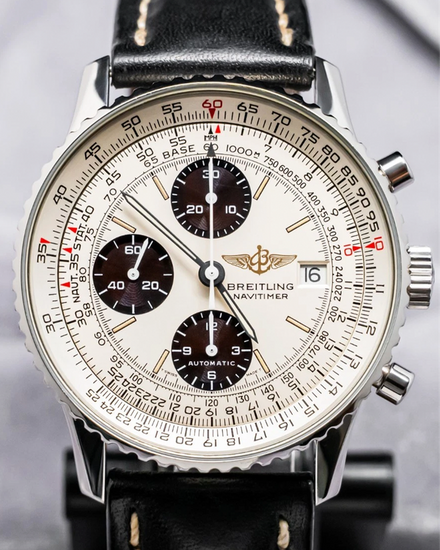 Breitling Navitimer Old 42MM Silver "Panda" Dial Leather Strap (A13019)