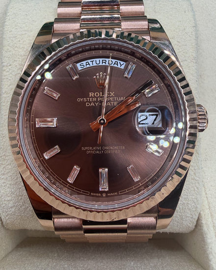 2023 Rolex Day-Date 40MM Chocolate Dial Rose Gold President Bracelet (228235)