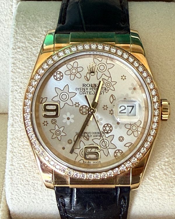 2022 Rolex Datejust 36MM Silver "Floral" Dial Leather Strap (116188)