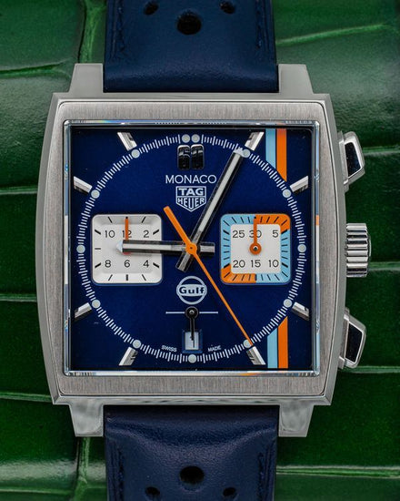 2025 Tag Heuer Monaco "Gulf Racing" S.E. 39MM Blue Dial Leather Strap (CBL2115.FC6494)