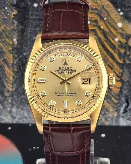 No Reserve - 1968 Rolex Day-Date 36MM Aftermarket Champagne Dial Aftermarket Leather Strap (1803)