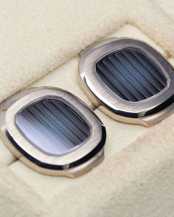 Patek Philippe Accessories 19MM Nautilus White Gold Cuff Links Opaline Blue Gray Horizontally Embossed (205.9057G-015)