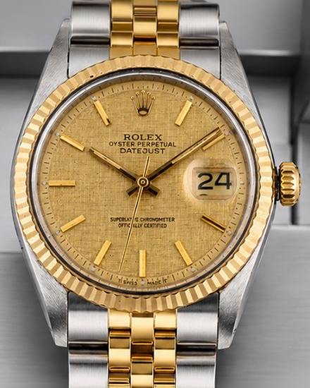No Reserve - 1975 Rolex Datejust 36MM Champagne "Linen" Dial  Aftermarket Two-Tone Gold Plated Bracelet (1601)