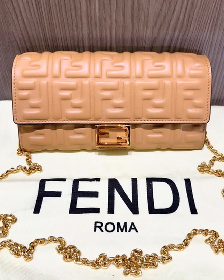 Fendi Continental Wallet on Chain 7.5 × 3.5 × 0.4 IN Beige Nappa Lambskin Gold-Tone Hardware Chain Strap (Wallet Bag)