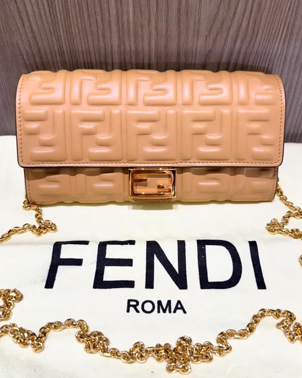 Fendi Continental Wallet on Chain 7.5 × 3.5 × 0.4 IN Beige Nappa Lambskin Gold Tone Hardware Chain Strap (Wallet Bag)