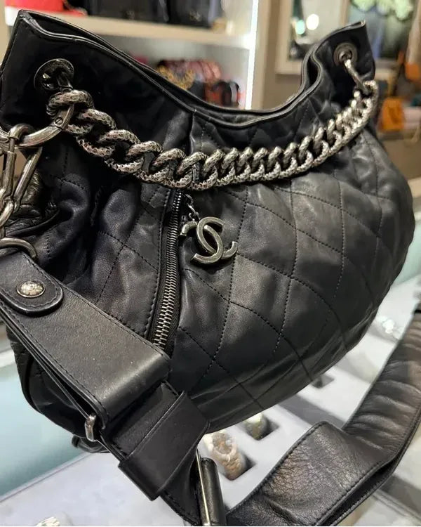 2012 Chanel Large Coco Pleats Hobo Black Distressed Calfskin Shoulder Bag 15.75 × 10.75 × 0.75IN Leather Silver-Tone Hardware Leather Strap (Coco Pleats)