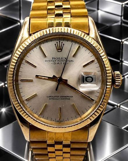 No Reserve - Rolex Oyster Perpetual Date 14k Gold 34MM Silver Dial Aftermarket Gold-Plated Jubilee Steel Bracelet (1503)