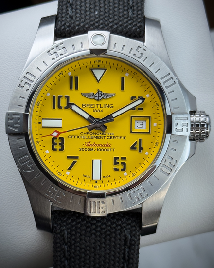 No Reserve - 2019 Breitling Avenger II Seawolf 45MM Yellow Dial Textile Strap (A17331)