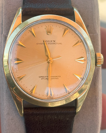 No Reserve - 1960 Rolex Oyster Perpetual 34MM Champagne Dial Aftermarket Leather Strap (1024)