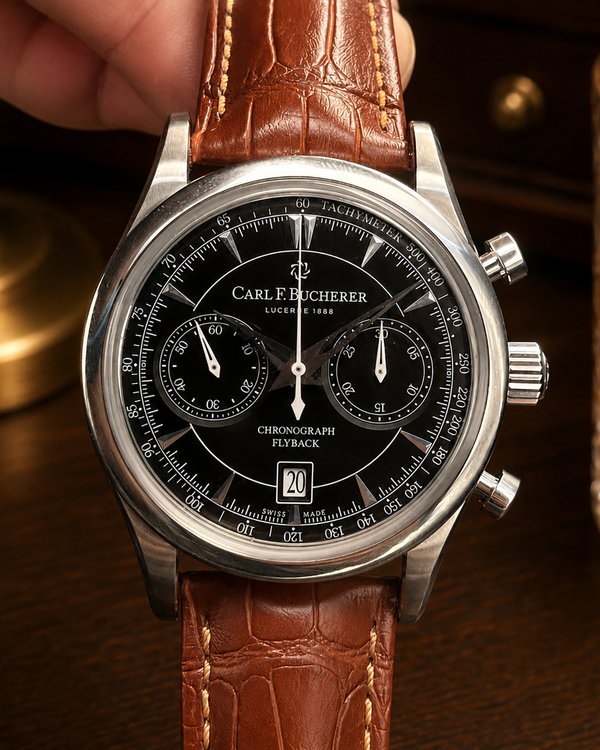 No Reserve - Carl F. Bucherer Manero Flyback Chronograph 43MM Black Dial Leather Strap (00.10919.08.33.01)
