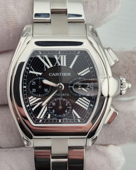 No Reserve - 2008 Cartier Roadster XL Chronograph 43MM Black Dial Steel Bracelet (W62007X6)