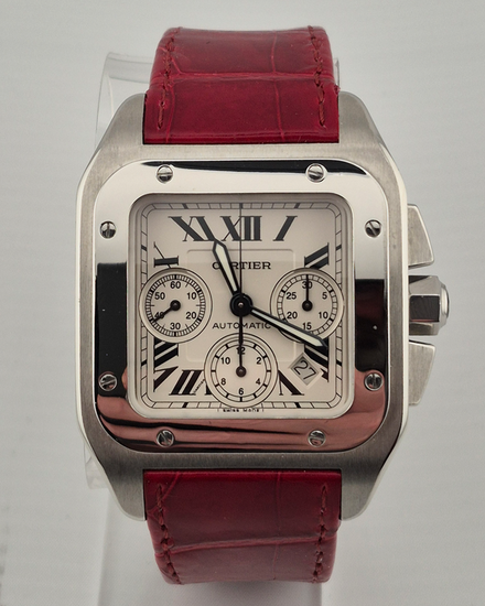 No Reserve - 2008 Cartier Santos 100 XL Chronograph 42MM Silver DIal Leather Strap (W20090X8)
