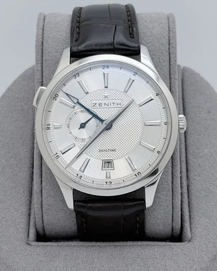 Zenith Elite Captain Dual Time 40MM Silver Dial Leather Strap (03.2130.682)