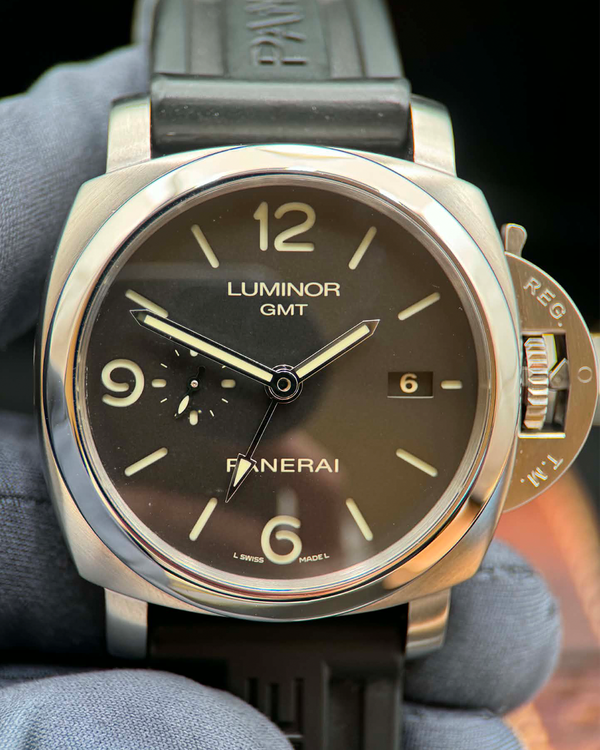 2012 Panerai Luminor 1950 3 Days GMT 44MM Black Dial Rubber Strap (PAM00320)