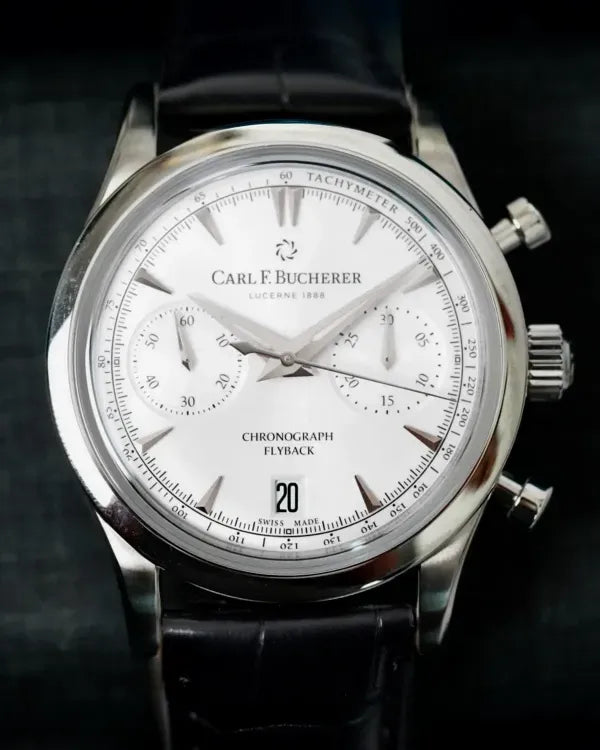 No Reserve - Carl F. Bucherer Manero Flyback Chronograph 43MM Silver Dial Leather Strap (00.10919.08.13.01)