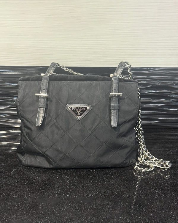 Prada Tessuto Quilted Tote 11.25 x 9.25 x 2.5 IN  Nylon Silver-Tone Hardware Chain / Leather Strap (Tessuto)
