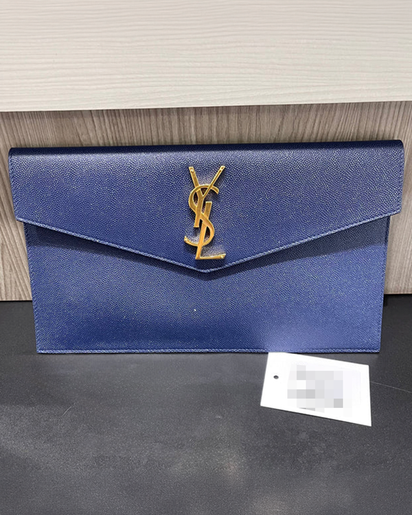 Saint Laurent Monogram Uptown Pouch in Blue Charron 10.6 x 6.2 x 0.7IN Calfskin Leather Gold-Tone Hardware (Pouch)