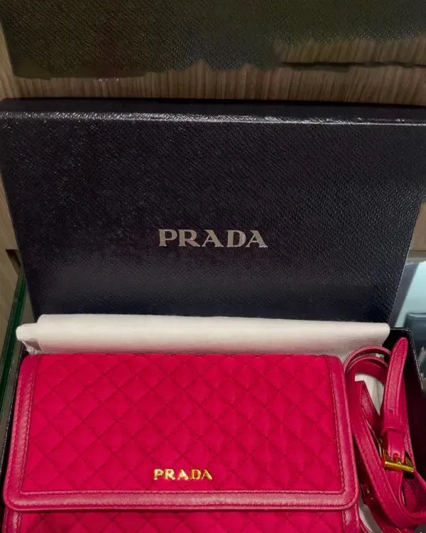 Prada Wallet on Chain 6.9 × 4 × 1 in Quilted Nylon & Leather Gold Tone Hardware Adjustable Detachable Leather Strap (Wallet)