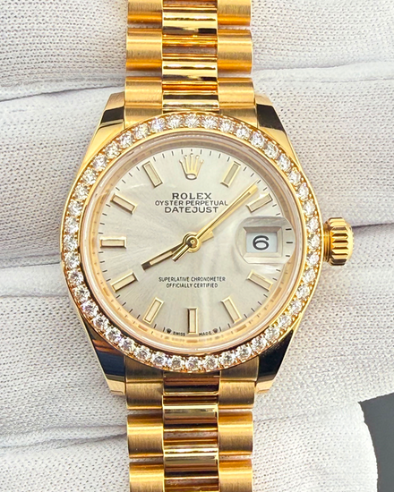 2026 Rolex Lady-Datejust 28MM Silver Dial Yellow Gold President Bracelet (279138RBR)