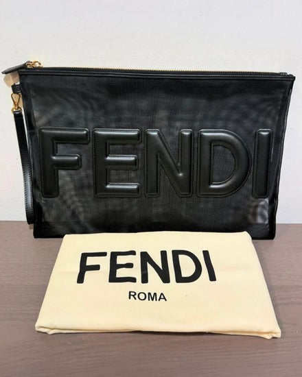 Fendi Bag Mesh Pouch Clutch Bag 13 × 9 × 0.75 in Patent Leather & Mesh Silver Tone Hardware Wrist Strap (Bag)