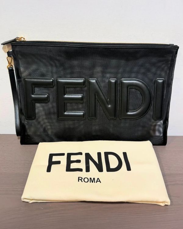 Fendi Bag Mesh Pouch Clutch Bag 13 × 9 × 0.75 in Patent Leather & Mesh Silver Tone Hardware Wrist Strap (Bag)
