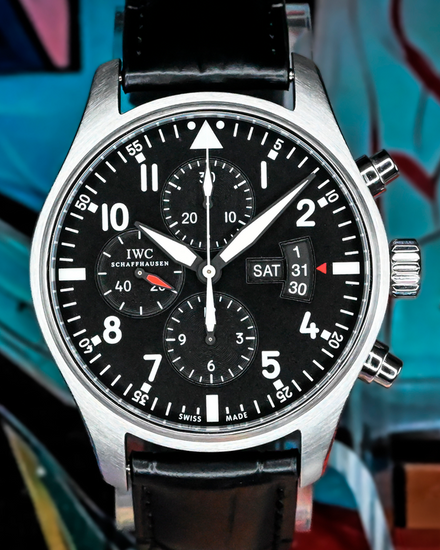 IWC Schaffhausen Pilot Chronograph 43MM Black Dial Leather Strap (IW377701)
