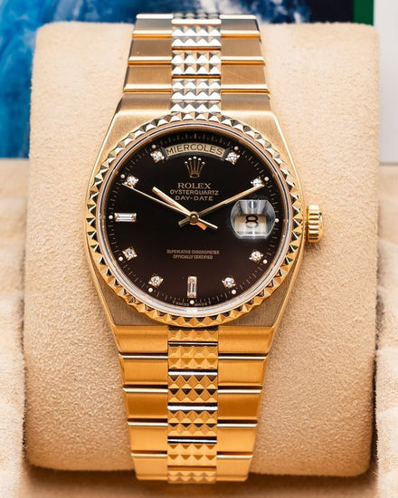 Rolex Day-Date Oysterquartz 36MM Quartz Black Dial Yellow Gold Bracelet (19028)