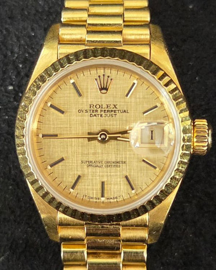 Rolex Lady-Datejust 26MM Champagne "Linen" Dial Yellow Gold President Bracelet (69178)