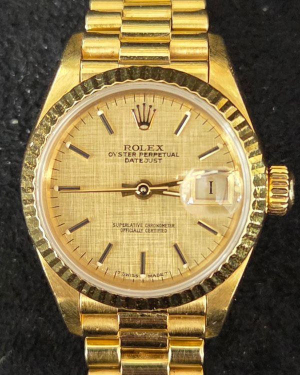 Rolex Lady-Datejust 26MM Champagne "Linen" Dial Yellow Gold President Bracelet (69178)