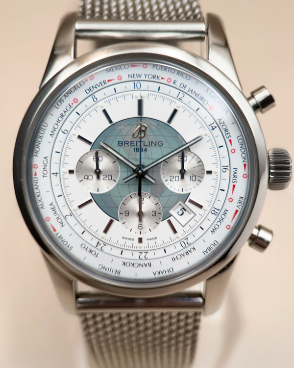 2018 Breitling Transocean Chronograph Unitime 46MM Silver Dial Steel Bracelet (AB0510U0/A732)