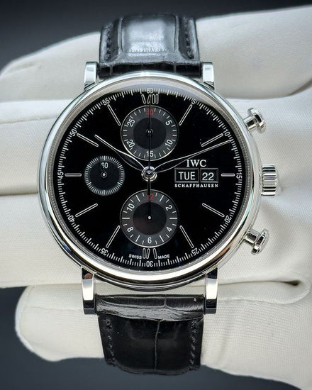 No Reserve - 2022 IWC Schaffhausen Portofino Chronograph 42MM Black Dial Leather Strap (IW391029)