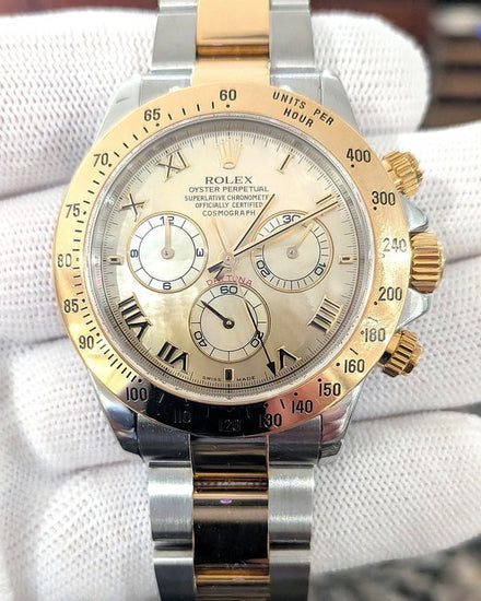 Rare Discontinued 2003 Rolex Cosmograph Daytona 40MM Mother of Pearl "Supernova" Dial Two-Tone Oyster Bracelet (116523)