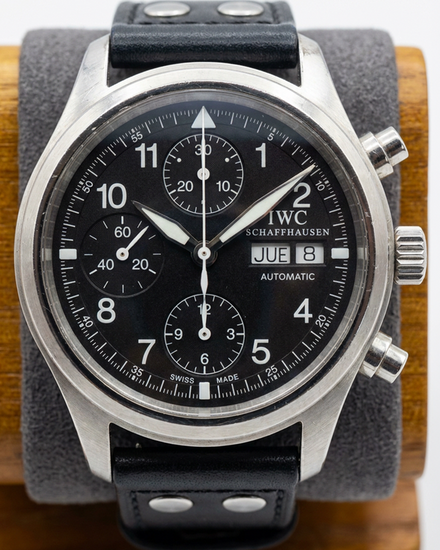 No Reserve - IWC Schaffhausen Pilot Chronograph 39MM Black Dial Leather Strap (IW3706)