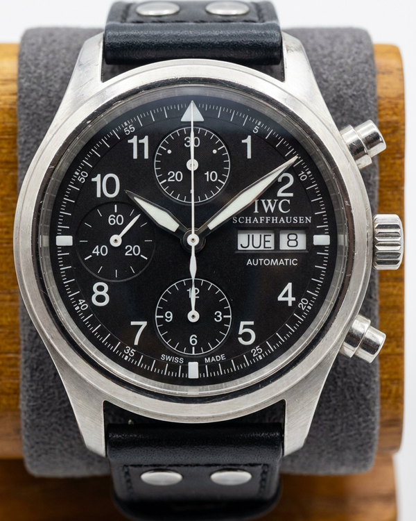 No Reserve - IWC Schaffhausen Pilot Chronograph 39MM Black Dial Leather Strap (IW3706)