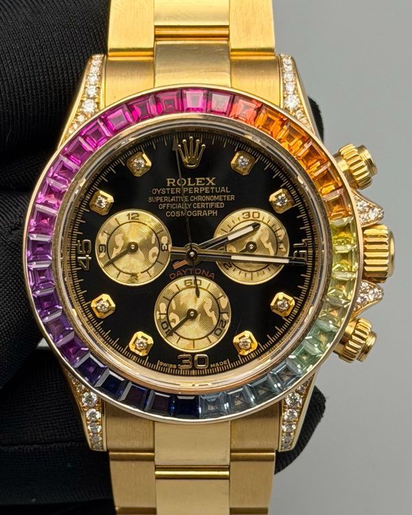 Rolex Cosmograph Daytona Aftermarket "Rainbow" 40MM Black Dial Yellow Gold Oyster Bracelet (116508)