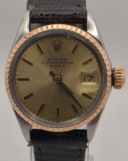 1958 Rolex Oyster Perpetual Lady Date 26MM Champagne Dial Aftermarket Leather Strap (6517)