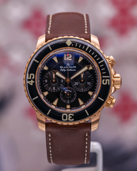 2022 Blancpain Fifty Fathoms Chronograph Flyback 45MM Black Dial Leather Strap (5085FA-3630-63B)