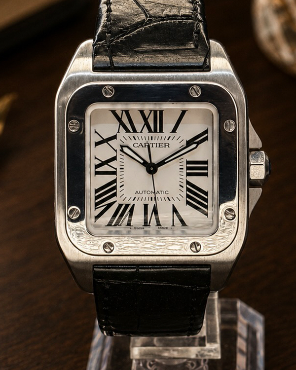 No Reserve - 2011 Cartier Santos 100 35.6MM White Dial Leather Strap (W20106X8)