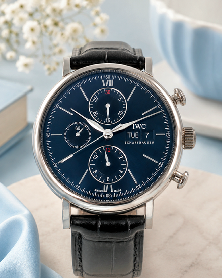 No Reserve - 2017 IWC Schaffhausen Portofino Chronograph 42MM Black Dial Leather Strap (IW391008)