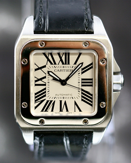 No Reserve - 2015 Cartier Santos 100 33MM Silver Dial Leather Strap (W20126X8)