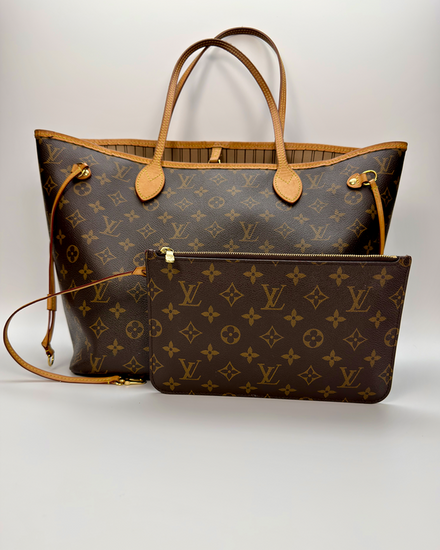 Louis Vuitton Neverfull Monogram Bag 12.6 x 11.4 x 5.5IN Canvas Gold-Tone Hardware Leather Straps (Neverfull)