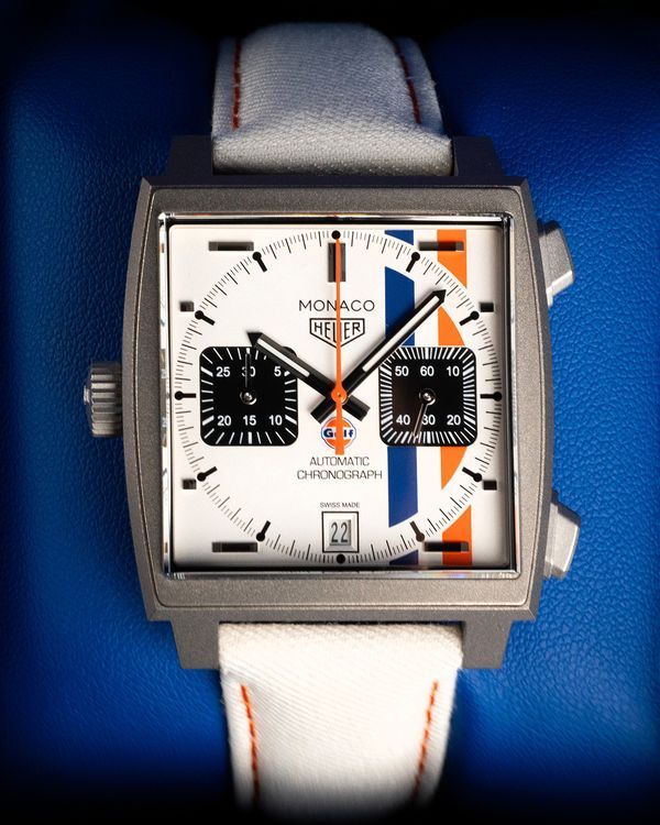 2025 Tag Heuer Monaco Chronograph X Gulf L.E. 39MM White Dial Textile Strap (CAW218G.EB0393)