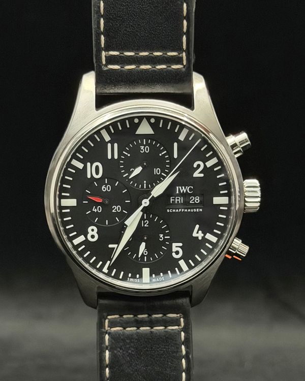 2022 IWC Schaffhausen Pilot Chronograph 43MM Black Dial Leather Strap (IW377709)