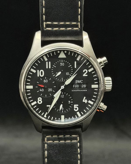 2022 IWC Schaffhausen Pilot Chronograph 43MM Black Dial Leather Strap (IW377709)
