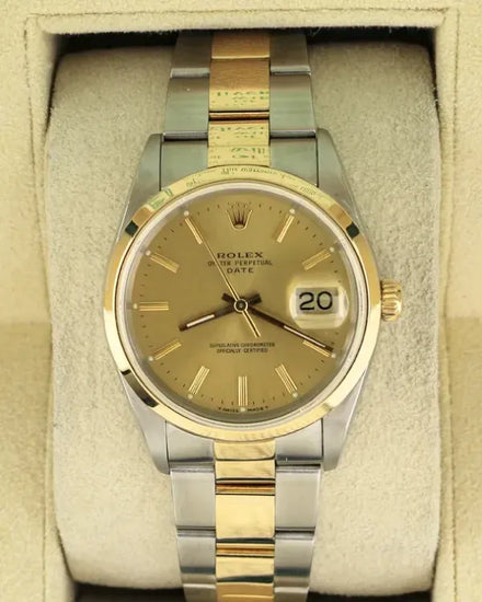 1990 (E Serial) Rolex Oyster Perpetual Date 34MM Champagne Dial Two-Tone Oyster Bracelet (15203)