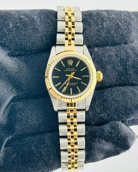 1999 Rolex Oyster Perpetual Lady 26MM Black "Stick" Dial Two-Tone Jubilee Bracelet (76243)