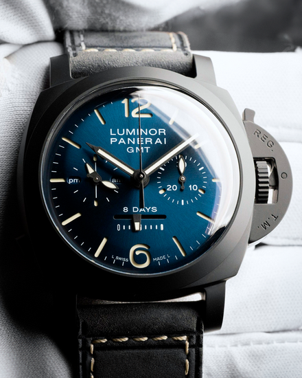 2021 Panerai Luminor 1950 8 Days Chrono Monopulsante GMT 44MM Blue Dial Leather Strap (PAM01135)