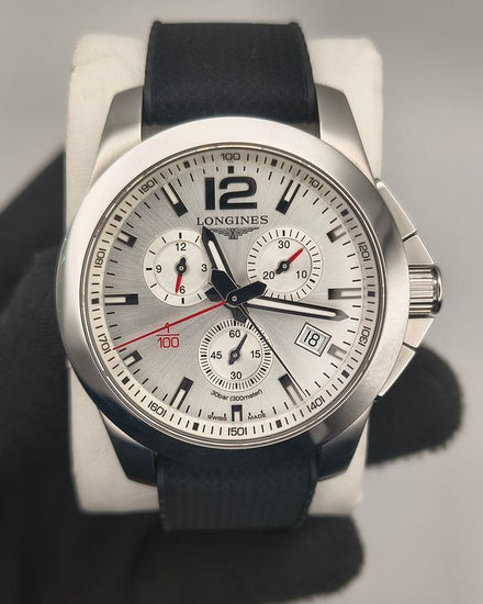 Longines Conquest Chronograph 44MM Quartz Silver Dial Rubber Strap (L3.800.4)