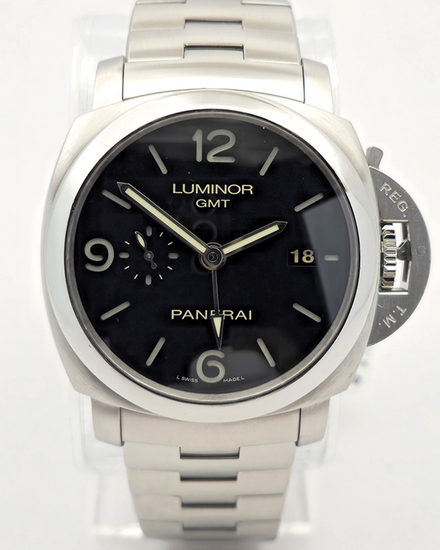 2010 Panerai Luminor 1950 3 Days GMT 44MM Black Dial Steel Bracelet (PAM00329)